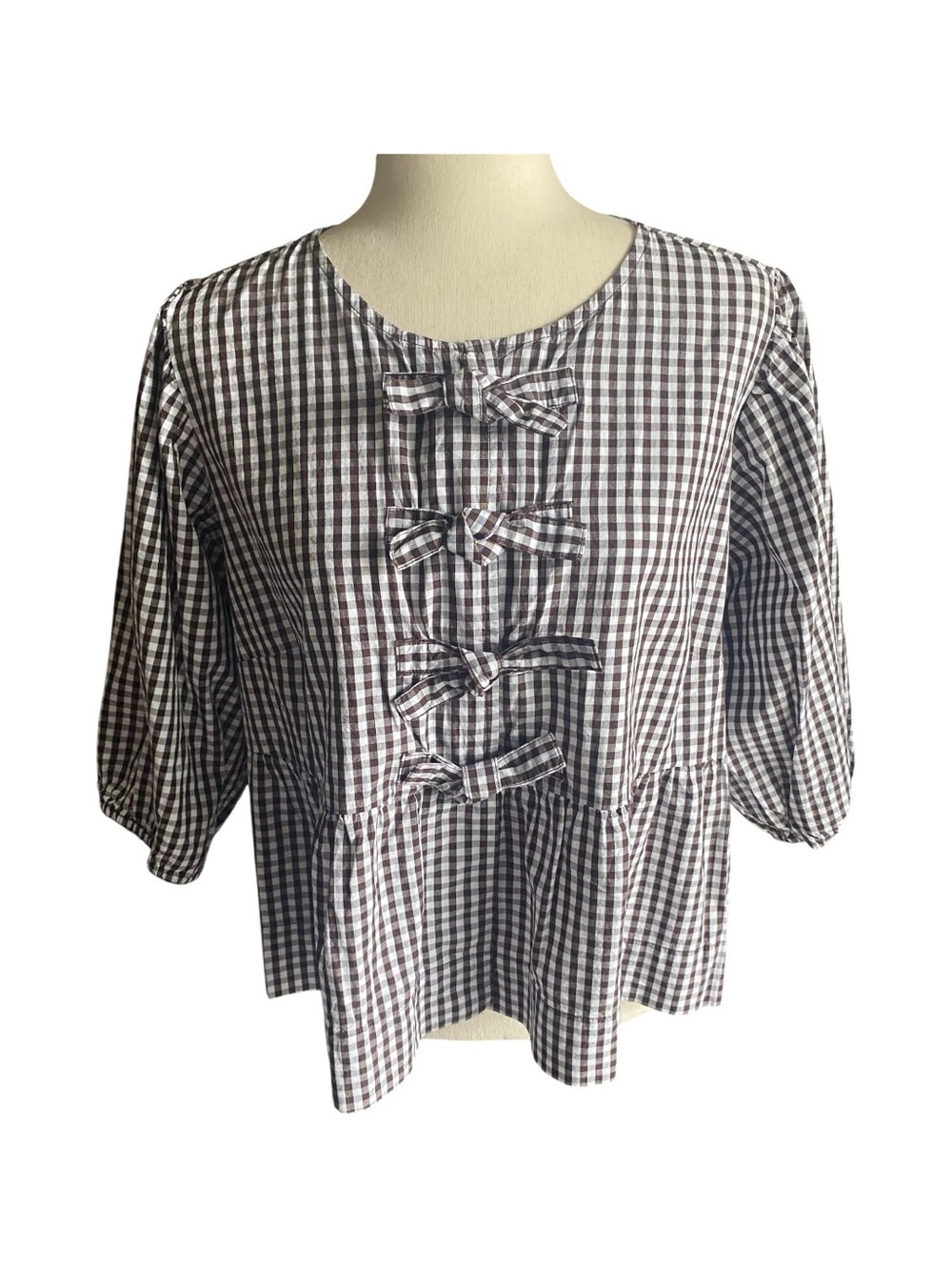 NWOT-VELVET HEART-DARK BROWN AND WHITE GINGHAM TOP-SIZE XL